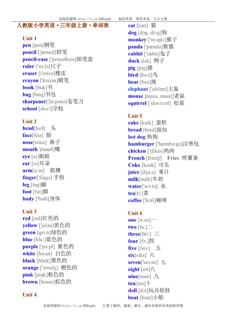 三年级上册英语(PEP版)PEP小学英语3-6年级单词及音标 (2)第1页