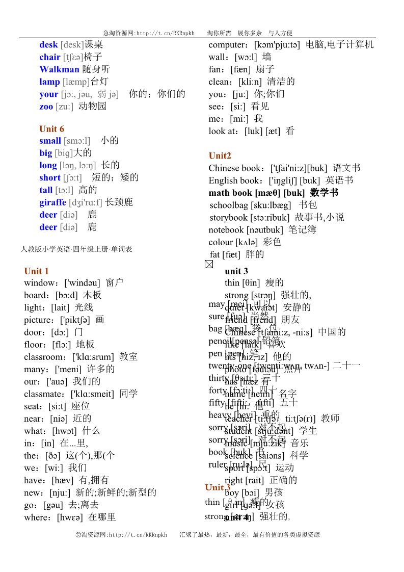 三年级上册英语(PEP版)PEP小学英语3-6年级单词及音标 (2)第3页