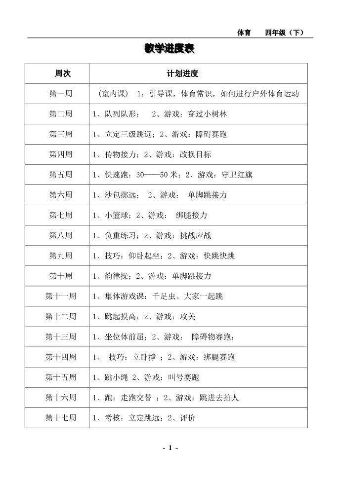 三年级上册体育与健康 3至4年级全一册小学四年级下册体育教案(1)第1页