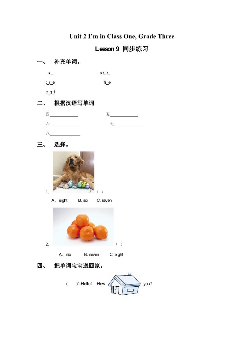 三年级下册英语（精通版）Lesson 9 同步练习3第1页