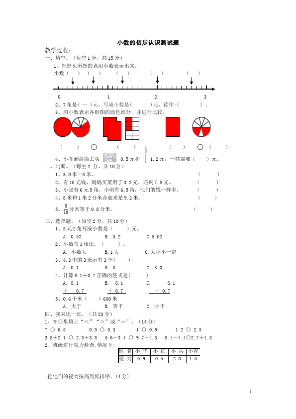 三年级下册数学（人教版）数学第七单元小数的初步认识试卷第1页