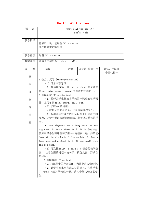 三年级下册英语(PEP版)PEP英语《Unit3 At the zoo》教案教学设计15第1页