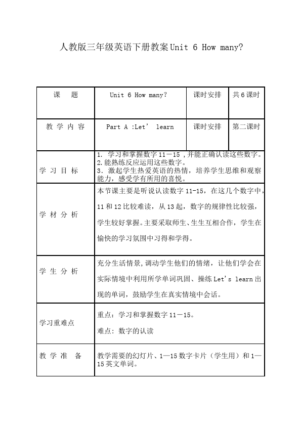 三年级下册英语(PEP版)PEP英语《Unit6 How many》教案教学设计下载9第1页