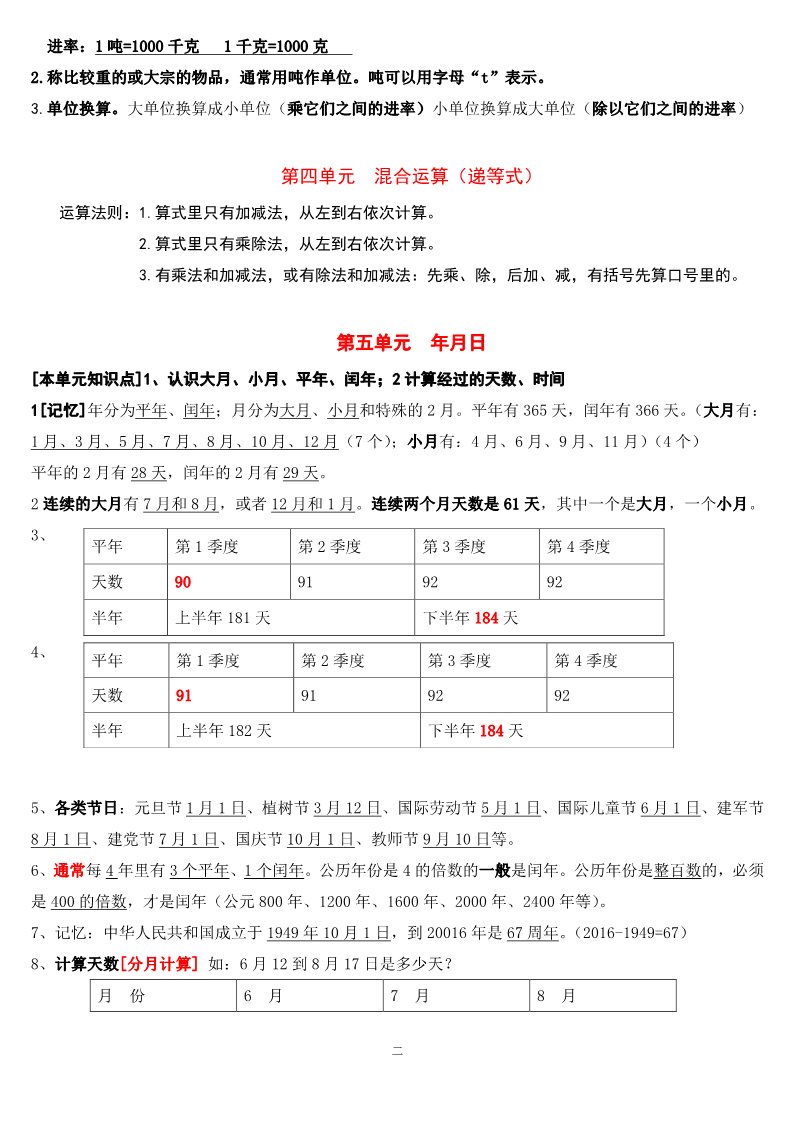 三年级下册数学（苏教版）数学第十单元:总复习知识点归纳教案第2页