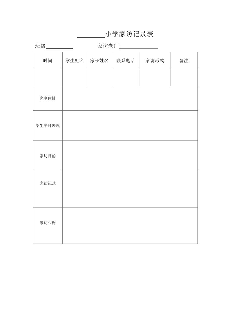 四年级上册语文（部编版）小学家访记录表第1页