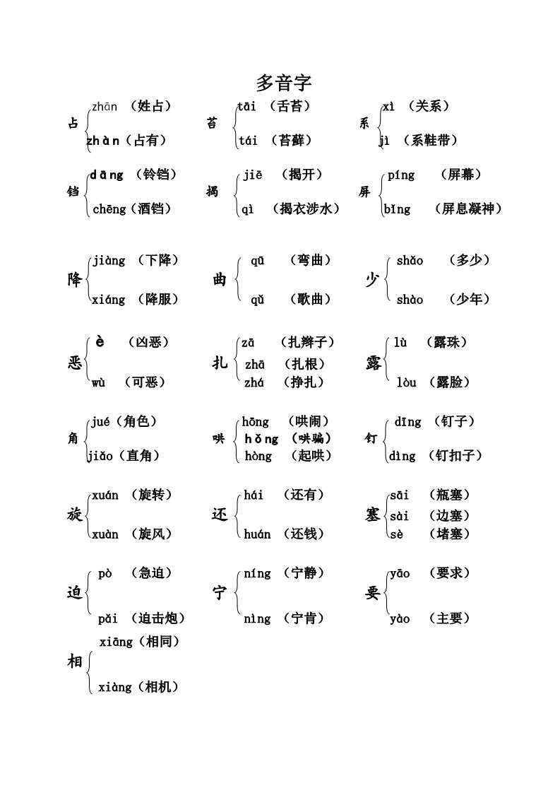 四年级上册语文（部编版）（部编版四年级上册）课本内多音字汇总第1页