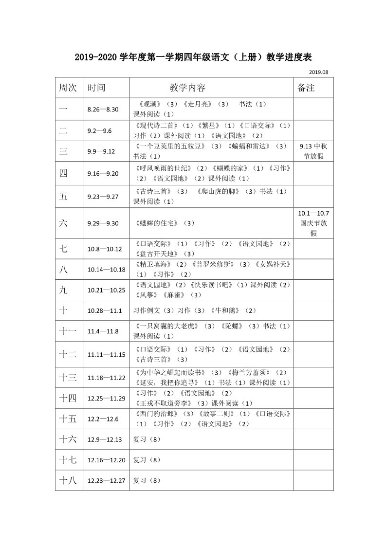 四年级上册语文（部编版）2019秋部编版四年级上册语文教学进度表第1页