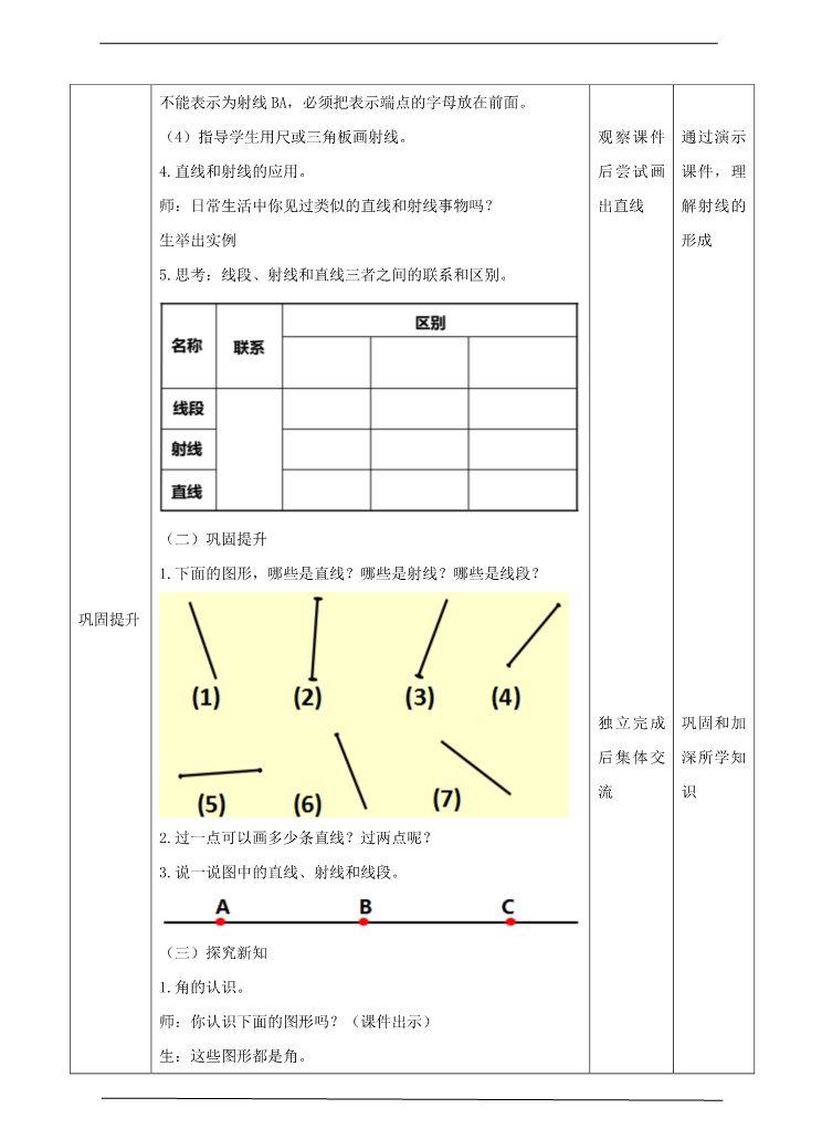 四年级上册数学（人教版）第一课时 线段、直线、射线和角（教案）第3页