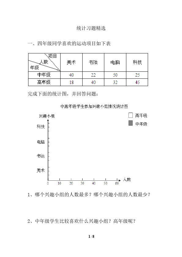 四年级上册数学（人教版）数学第七单元统计家庭作业练习试卷下载第1页