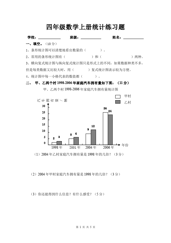 四年级上册数学（人教版）数学第七单元统计单元测试试卷第1页