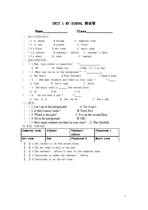 四年级下册英语(PEP版)PEP英语《Unit1.My School》单元检测试卷()第1页