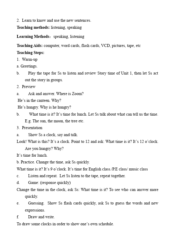 四年级下册英语(PEP版)PEP英语《Unit2 What time is it》教案教学设计22第2页
