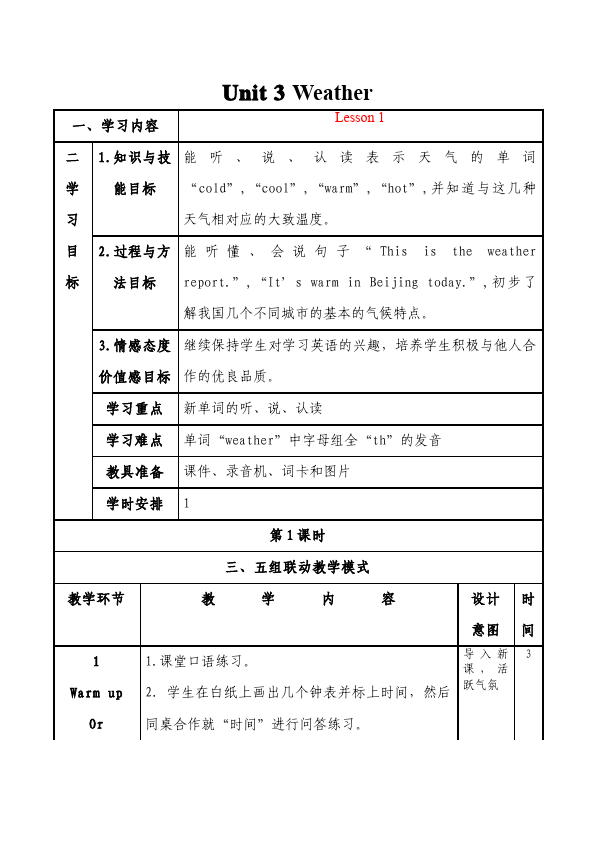 四年级下册英语(PEP版)PEP英语《Unit3 Weather》教案教学设计17第1页