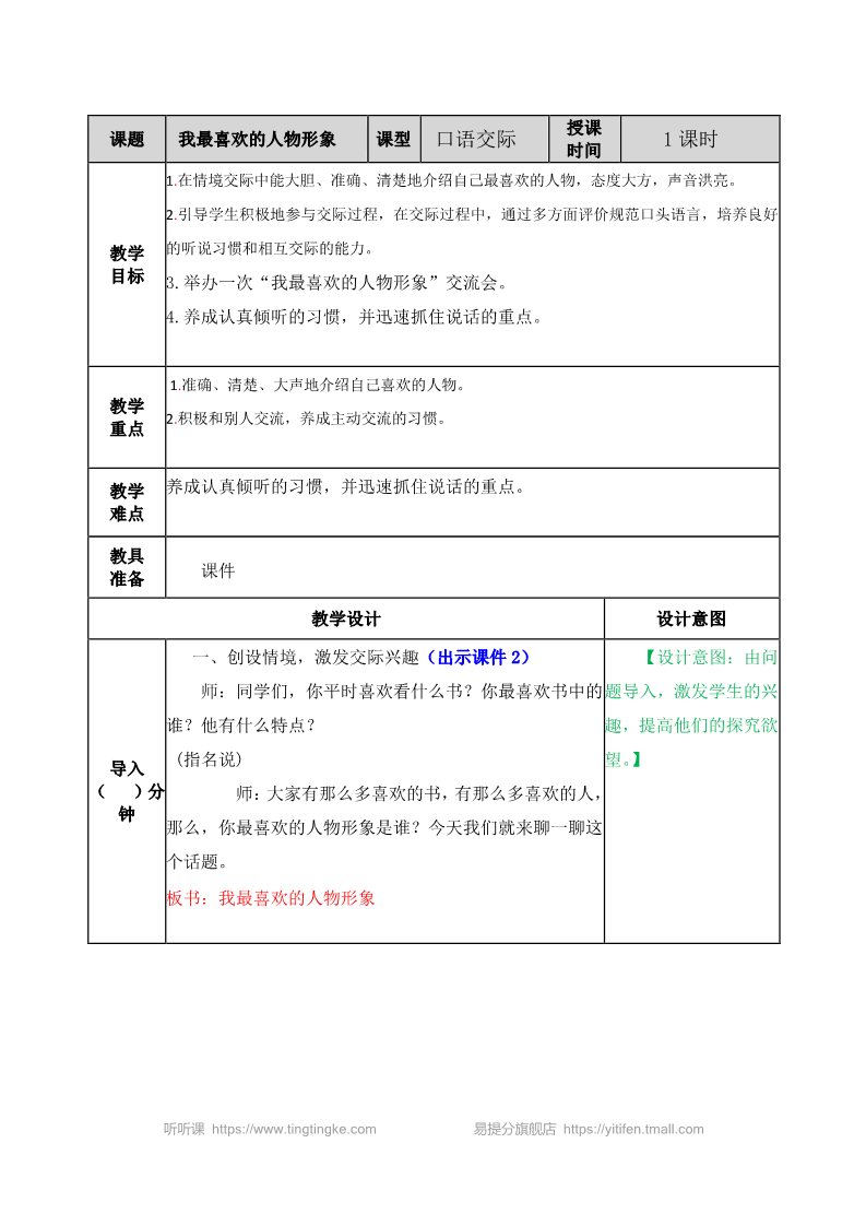 五年级上册语文（部编版）口语交际：我最喜欢的人物形象 教案第1页