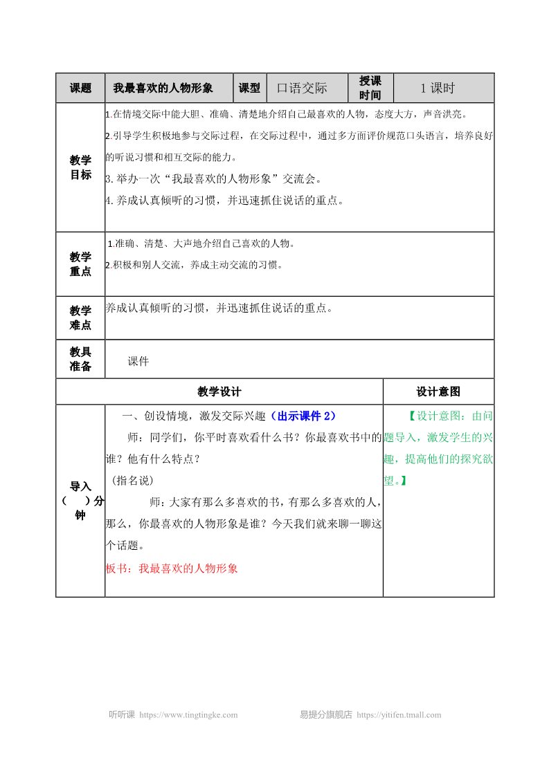 五年级上册语文（部编版）口语交际：我最喜欢的人物形象 教案第1页