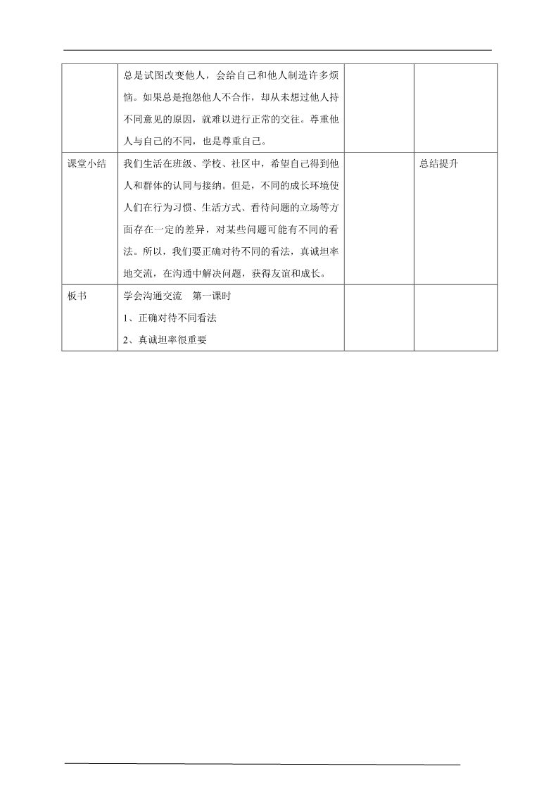 五年级上册道德与法治（新版）5.2 学会沟通交流  第2课时 教案 表格第4页