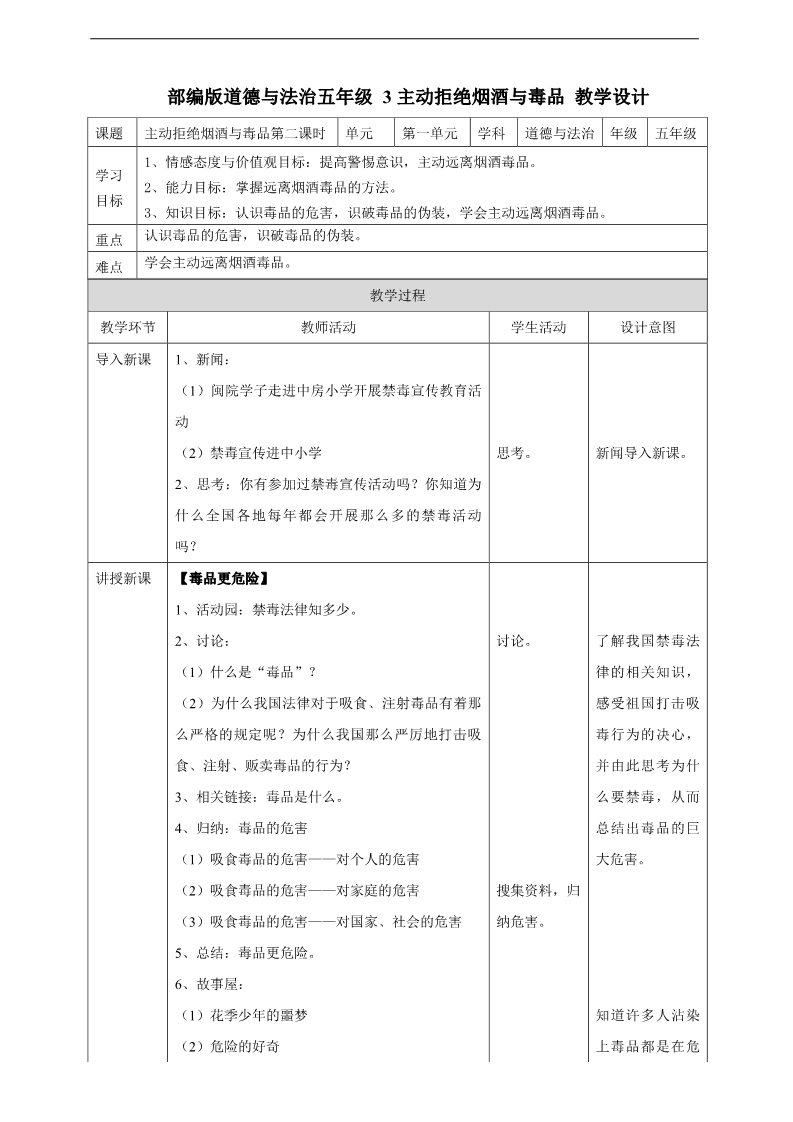 五年级上册道德与法治（新版）3主动拒绝烟酒与毒品  第二课时教案第1页