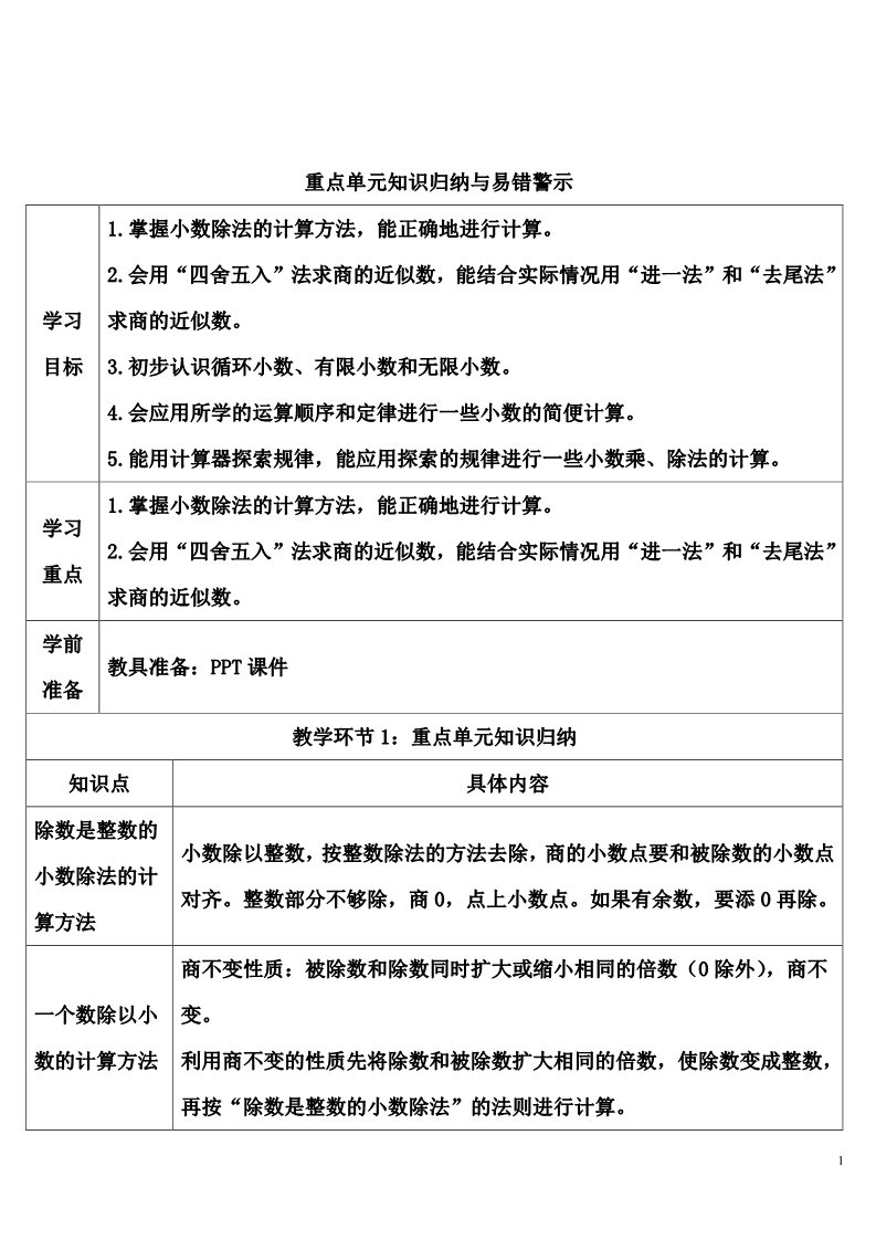 五年级上册数学（人教版）重点单元知识归纳与易错警示第1页