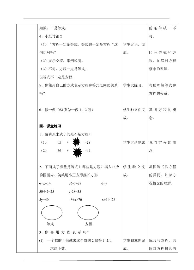 五年级上册数学（人教版）第五单元第四课时方程的意义（教案）(1)第4页