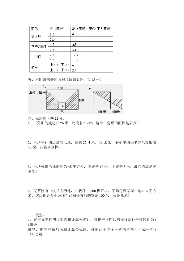 五年级上册数学（人教版）数学第六单元多边形的面积单元测试试卷第2页