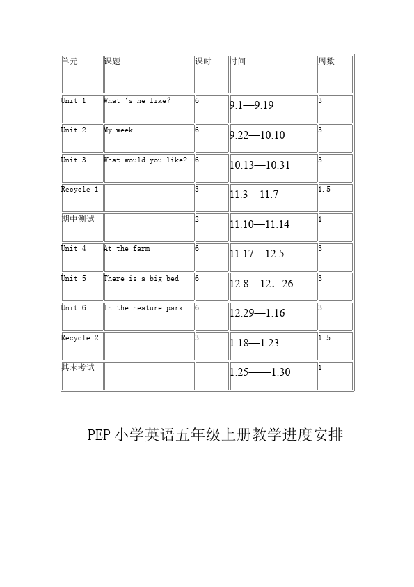 五年级上册英语(PEP版)PEP英语《教学进度安排》6第1页