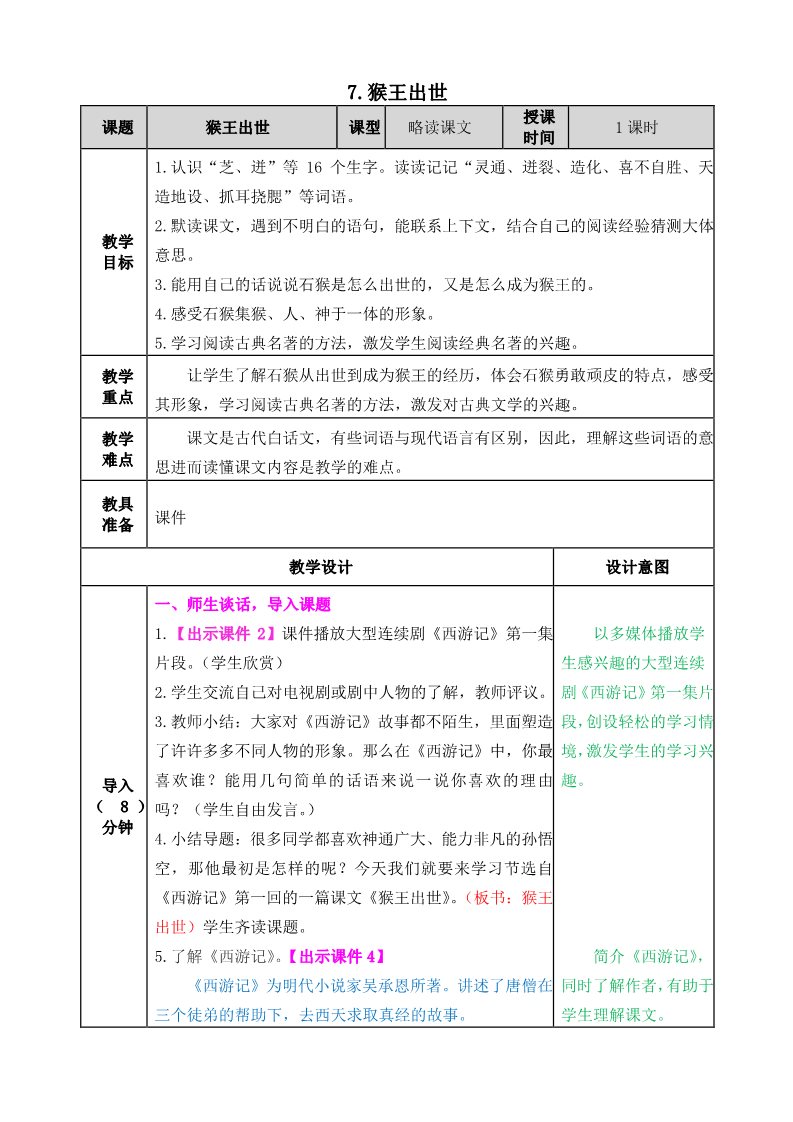 五年级下册语文（部编版）7 猴王出世 教案第1页