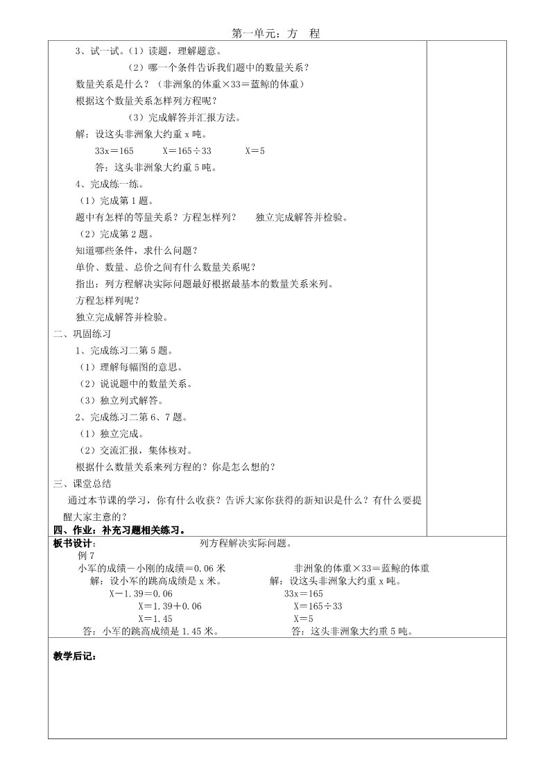 五年级下册数学（苏教版）数学精品第一单元:简易方程教案教学设计第2页