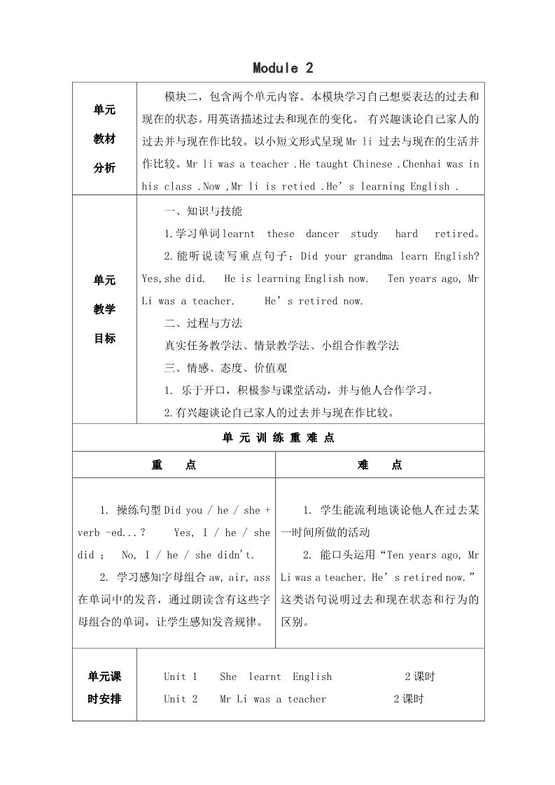 五年级下册英语（外研版三起点）外研版英语Module2教案教学设计第1页