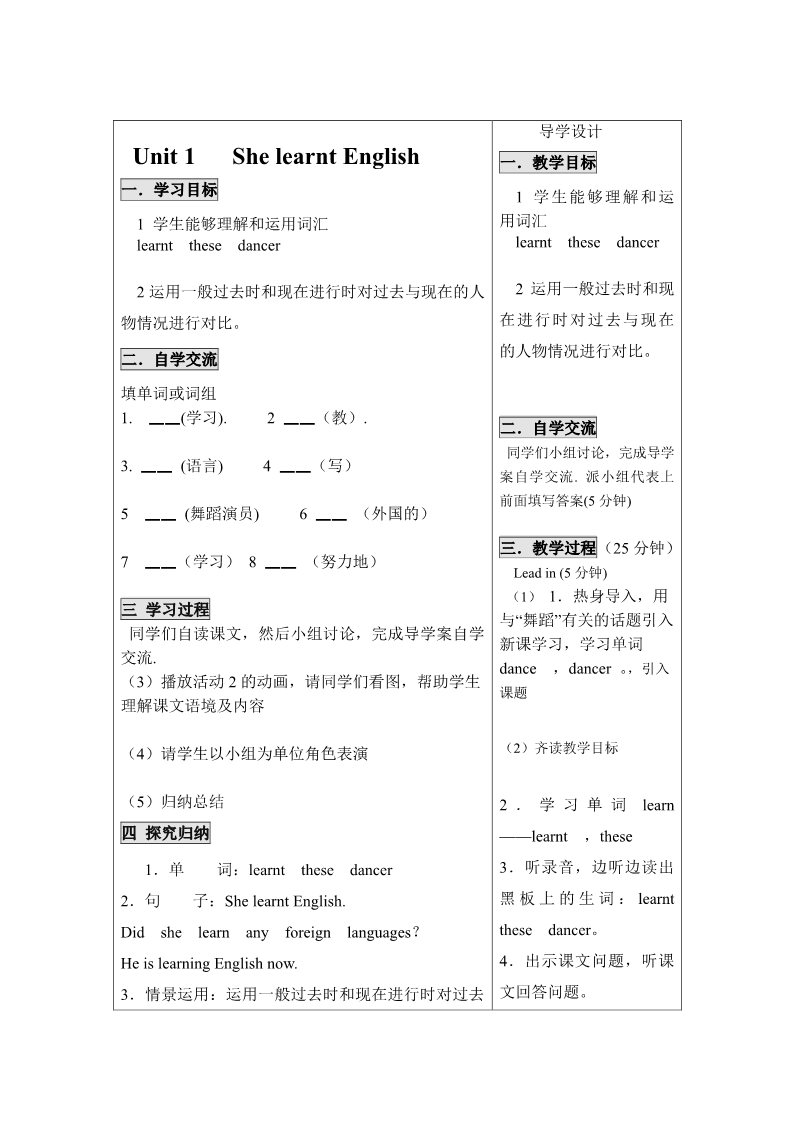 五年级下册英语（外研版三起点）外研版英语Unit1 She learnt English教案教学设计第1页