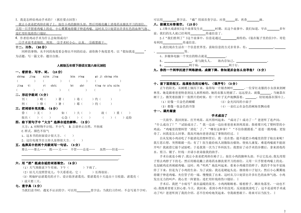 五年级下册语文语文第六单元家庭作业练习试卷下载第2页
