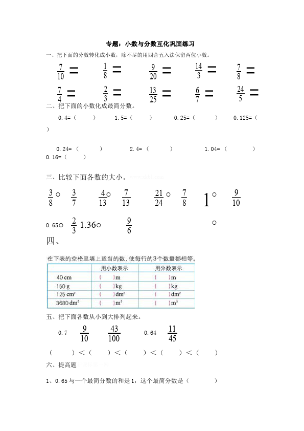 五年级下册数学（人教版）数学分数和小数的互化复习考试试卷第1页