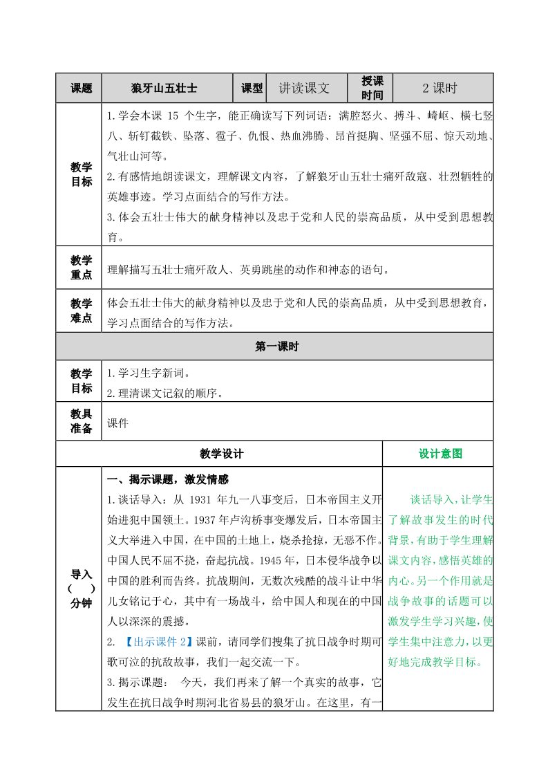 六年级上册语文（部编版）6狼牙山五壮士教案第1页