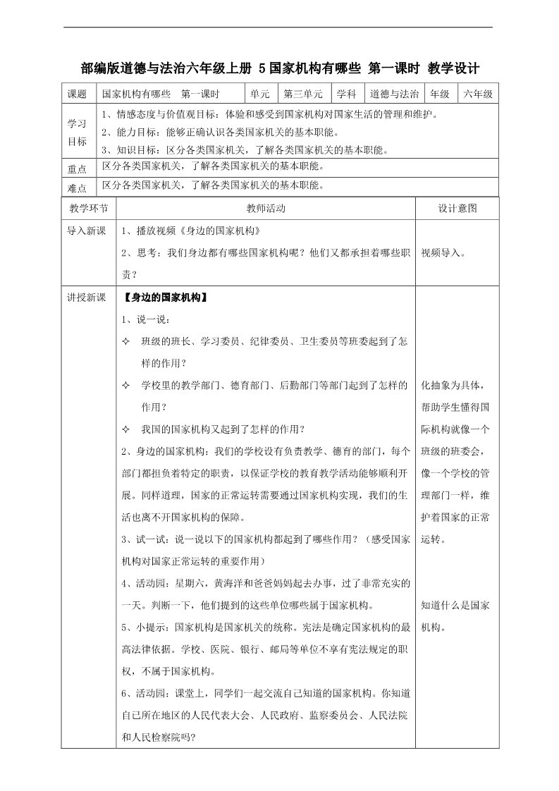 六年级上册道德与法治（新版）5 国家机构有哪些  第一课时 教案第1页