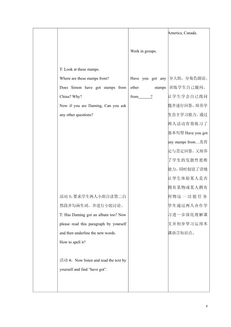 六年级上册英语（外研一起点）Module 3 Unit 1 Have you got any stamps from China 教案第4页