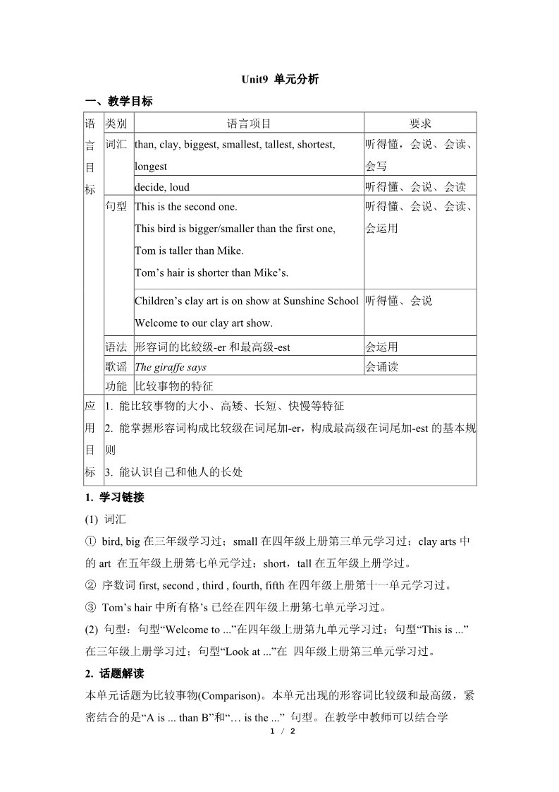 六年级上册英语（湘少版）Unit9_单元分析第1页