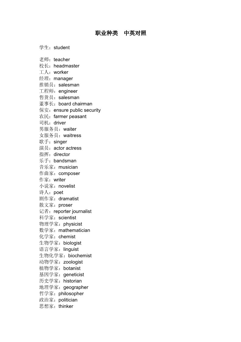 六年级上册英语(PEP版)职业种类  中英对照第1页