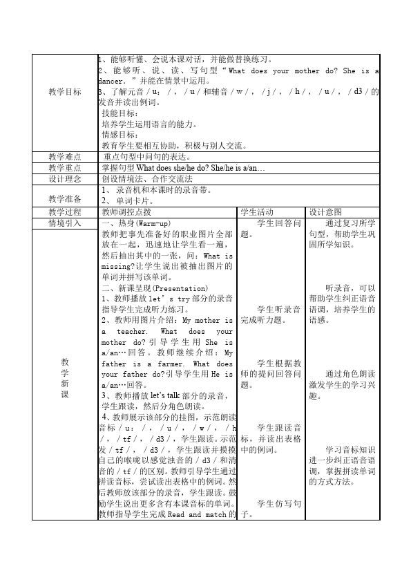 六年级上册英语(PEP版)PEP英语《Unit5 What does he do》教案教学设计下载4第3页