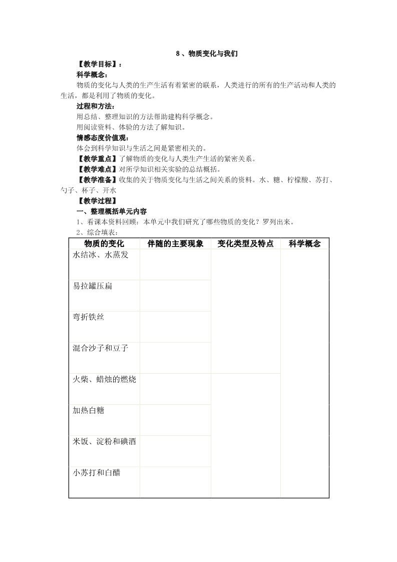 六年级下册科学（教科版）科学公开课第二单元:物质的变化教学设计教案第1页