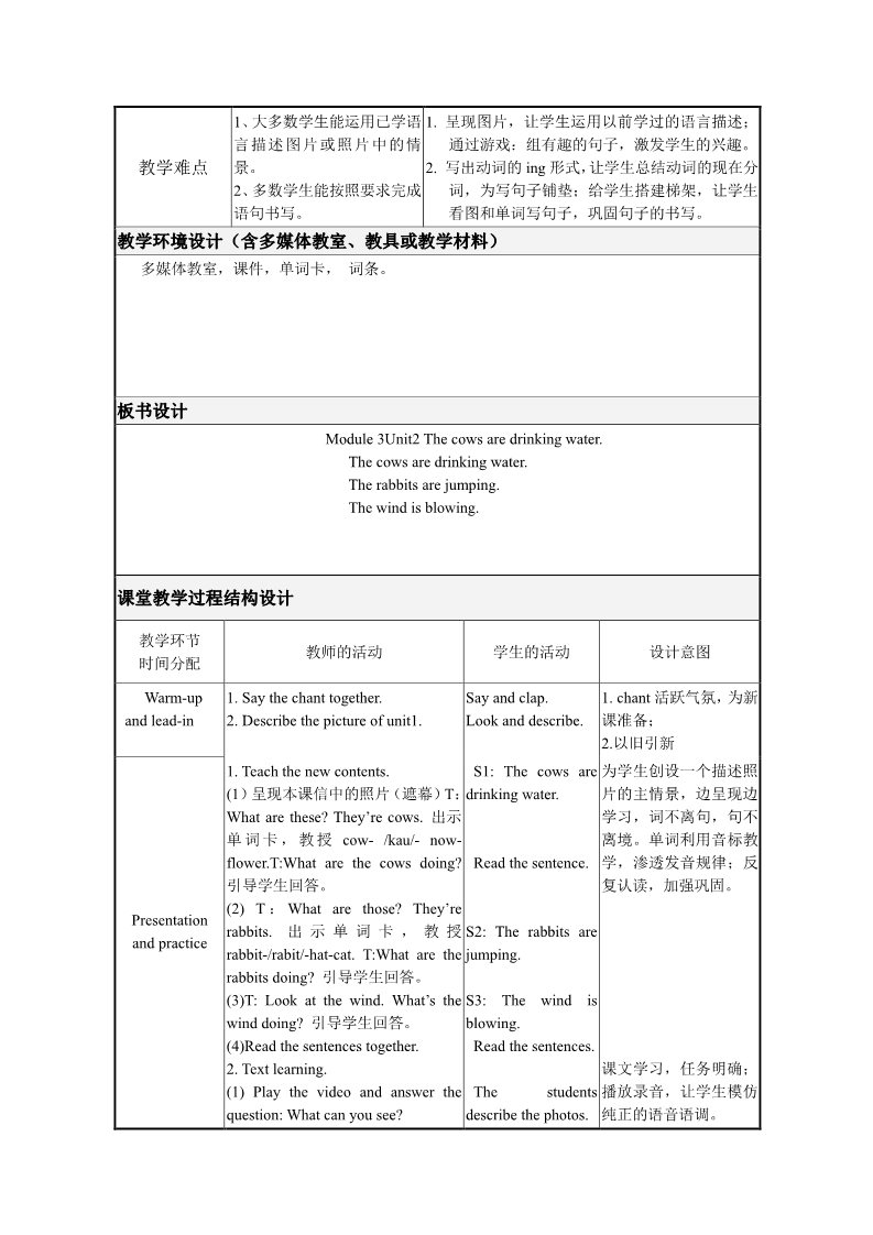 六年级下册英语（外研版三起点）英语Module3 Unit2 The cows are drinking water教学设计第2页