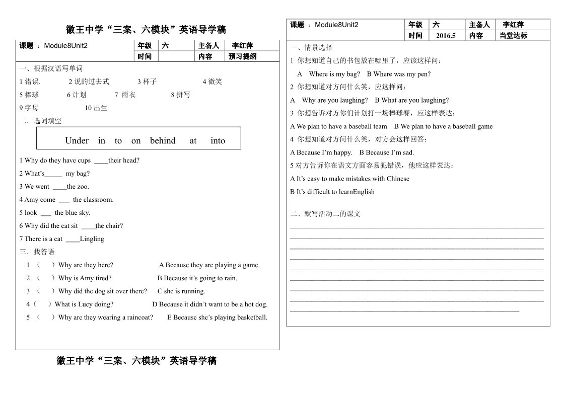 六年级下册英语（外研版三起点）外研版英语Module8 Unit2教案教学设计第1页