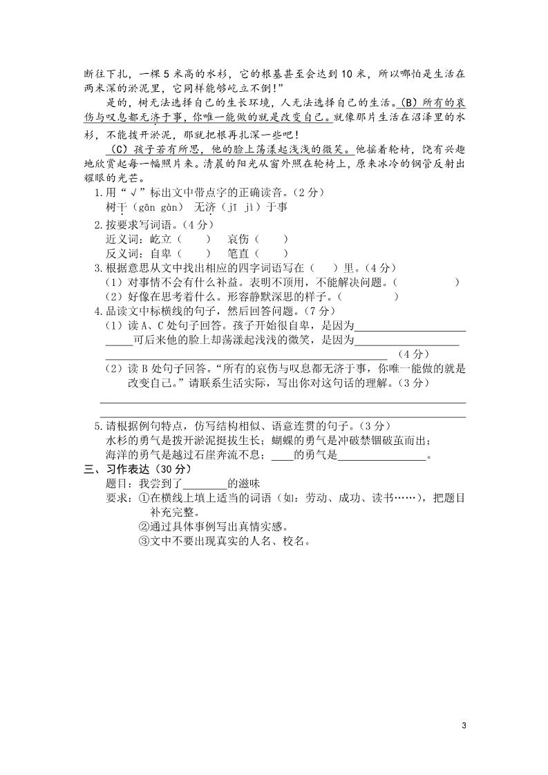 六年级下册语文永州道县小学六年级学业水平考试第3页