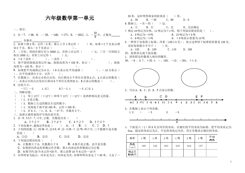 六年级下册数学（人教版）数学第一单元《负数》试题第1页