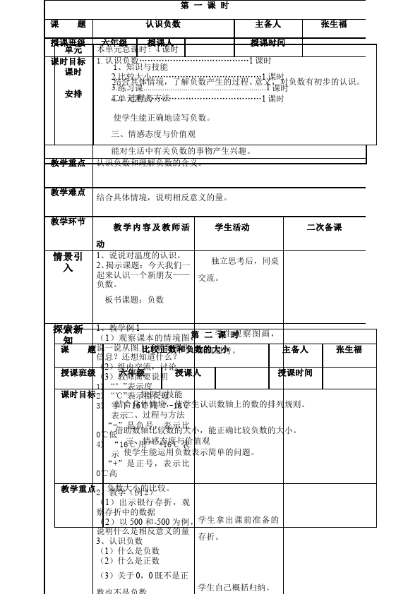 六年级下册数学（人教版）数学《第一单元:负数》教案教学设计22第2页