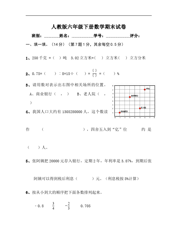 六年级下册数学（人教版）数学期末考试单元检测试卷第1页