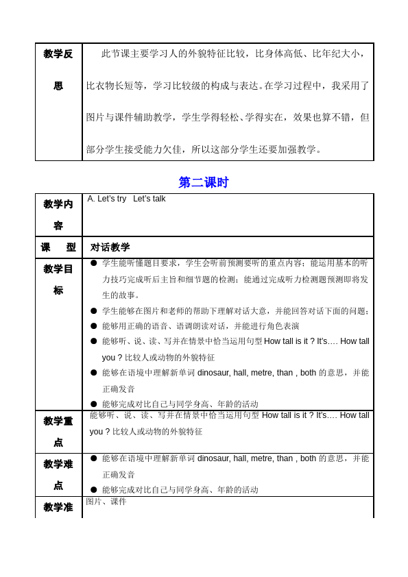 六年级下册英语(PEP版)PEP英语《Unit1 How tall are you》教案教学设计下载20第4页