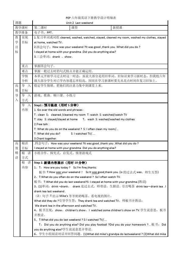 六年级下册英语(PEP版)PEP英语《Unit2 Last weekend》教案教学设计下载1第1页