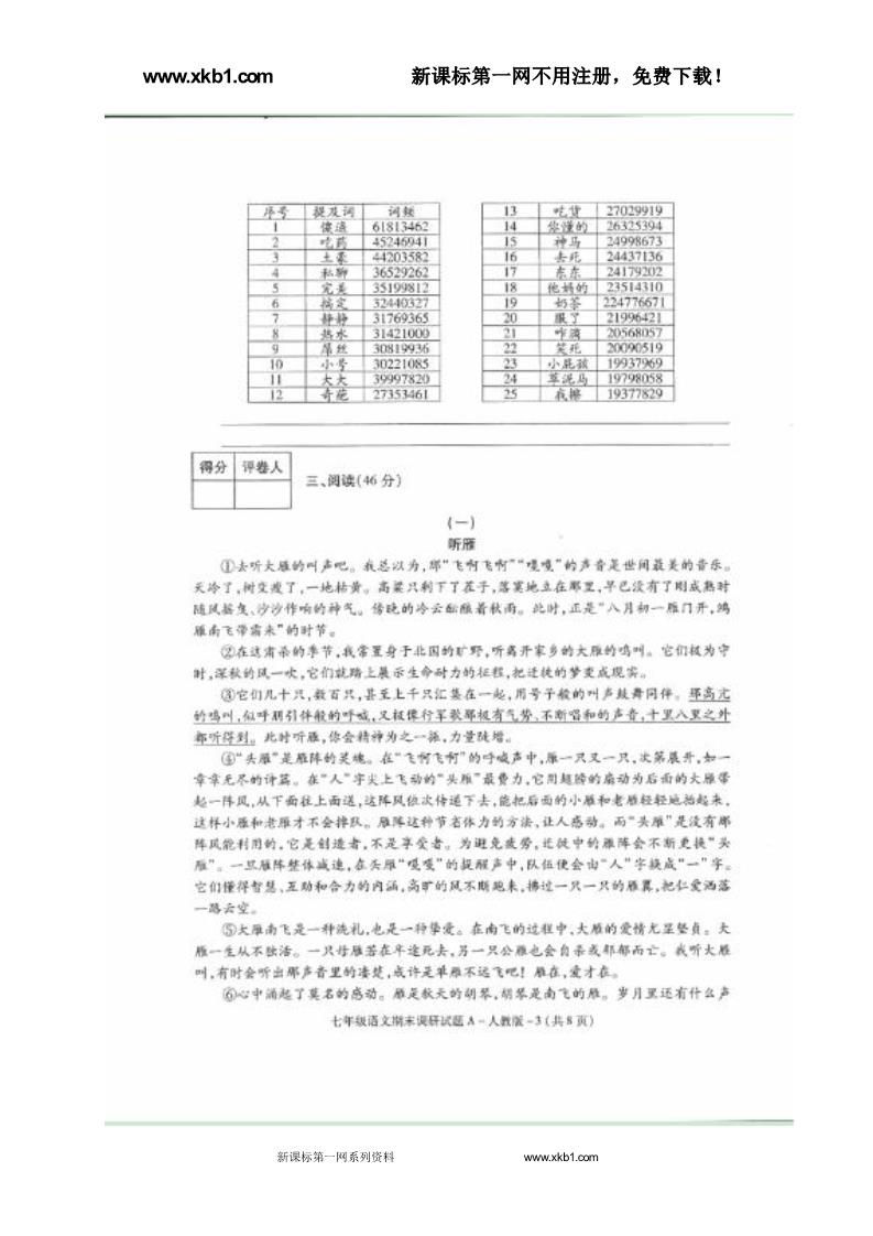 初一上册语文榆林市2016---2017学年度第一学期初一语文期末调研试题及答案下载第3页