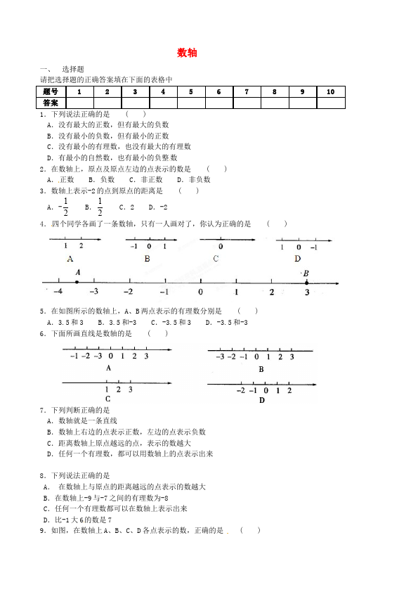 初一上册数学数学《第一章:有理数》练习试卷9第1页