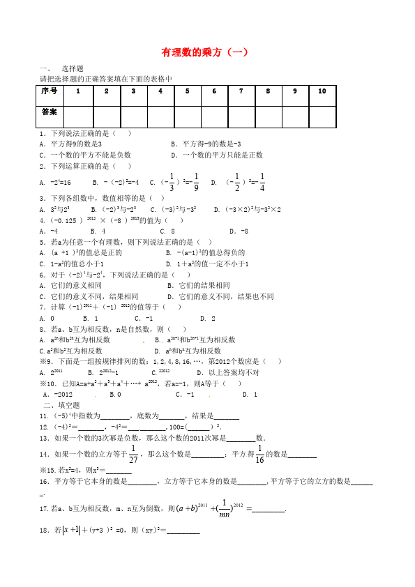 初一上册数学数学《第一章:有理数》练习试卷11第1页