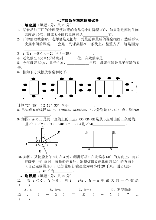 初一上册数学数学《期末考试》练习试卷20第1页